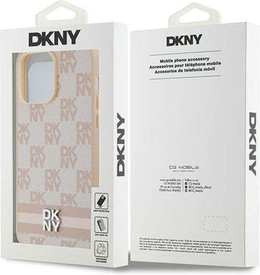 Калъф от PU кожа с кариран десен и ивица DKNY за iPhone 14 Pro Max, розов