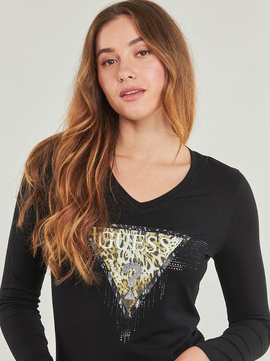 Guess Vn Triangle Women's Blouse Cotton Long Sleeve with V Neckline Black