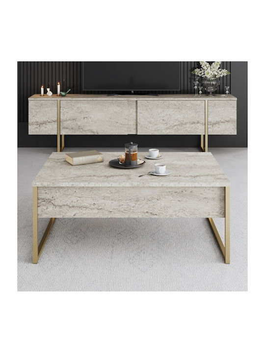 Ορθογώνιο Κεντρικό Τραπεζάκι Luxe Ξύλινο Travertine - Χρυσό Μ90xΠ60xΥ40εκ.