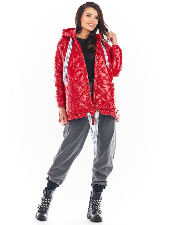 Awama Women's Short Puffer Jacket for Winter with Hood Red A385_RED