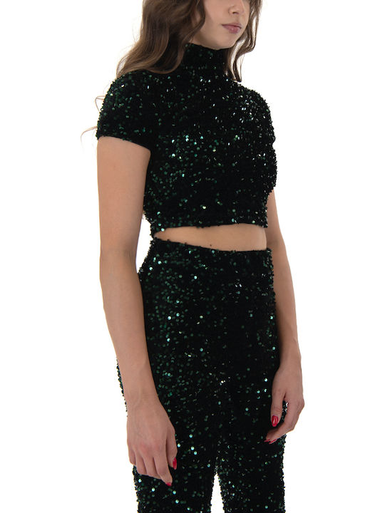 Damen Crop Top Samt Rollkragenpullover Kurzarm Black, Green, Forest Green