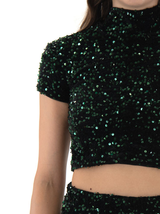 Damen Crop Top Samt Rollkragenpullover Kurzarm Black, Green, Forest Green