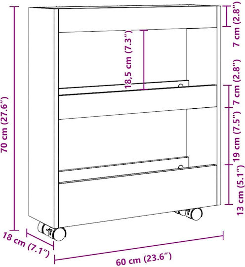 vidaXL Τρόλεϊ Κουζίνας Ξύλινο 3 Θέσεων Μαύρο 60x18x70cm
