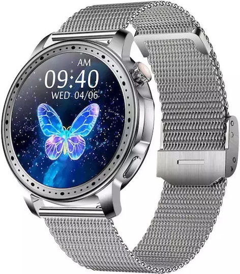 Women's Smart Watch Nubi Km33 Bluetooth Calling Heart Rate Calories Amoled Hd Display Remote Camera Remote Music Notifications Silver