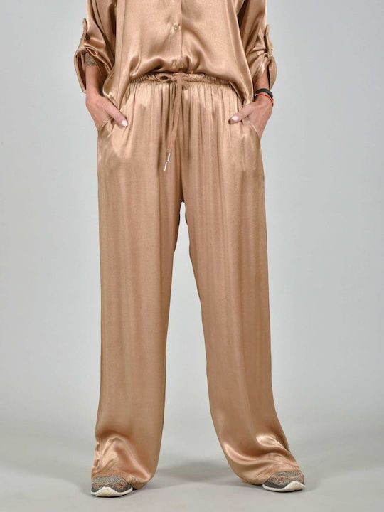 Belle Femme Women's Satin Trousers with Elastic Camel