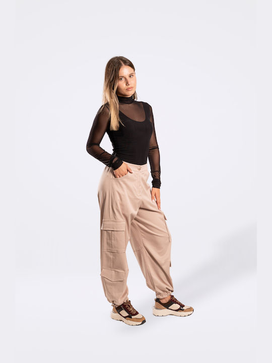 Moutaki Women's High-waisted Fabric Cargo Trousers with Elastic Sand