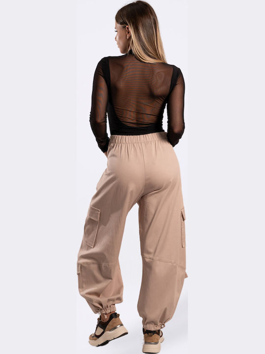 Women's High-waisted Fabric Cargo Trousers with Elastic Sand