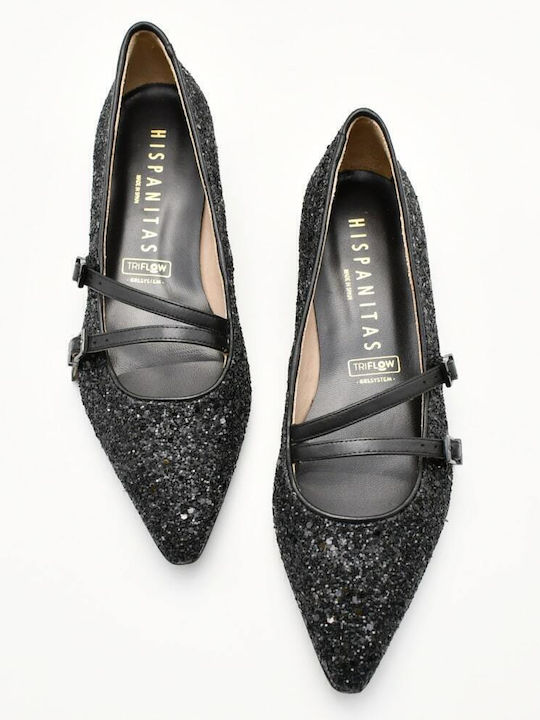 Leather Pointed Toe Black Low Heels with Strap