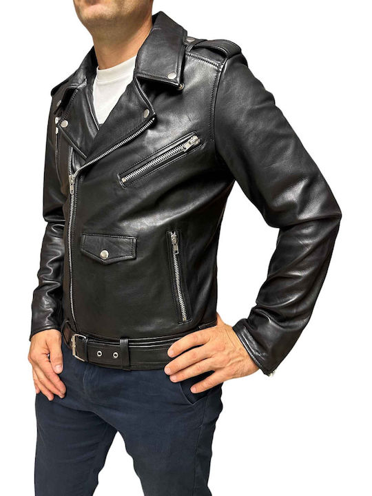 MARKOS LEATHER Ανδρικό Δερμάτινο Μπουφάν Biker Μαυρο