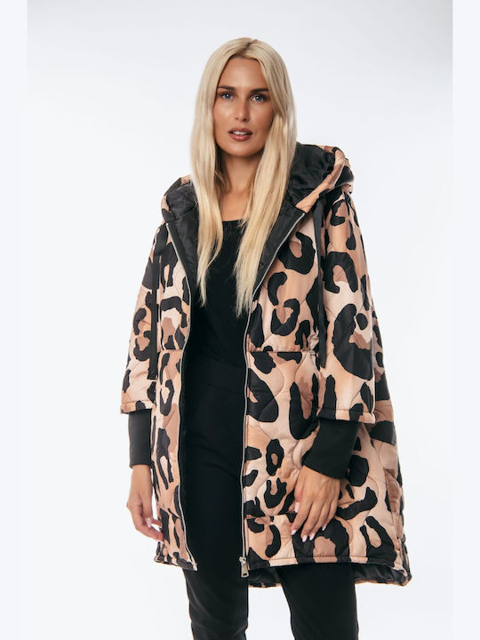 Dress Up Women's Short Lifestyle Jacket for Winter with Hood White Leopard