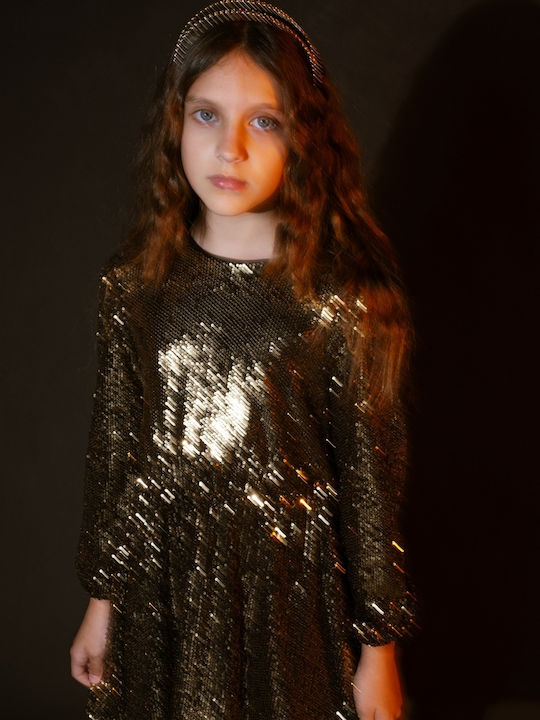 Children's Dress Long Sleeve with Sequins Gold