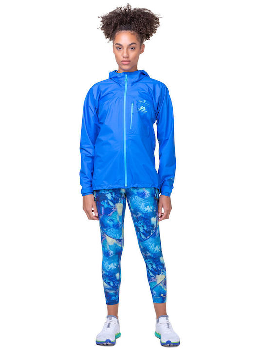 Women's Running Short Sports Hardshell Jacket Waterproof and Windproof for Winter with Hood Elec Blue/aquamint Blue