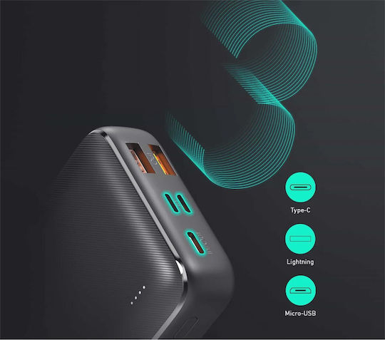 Aukey PB-N74S Basix Plus Baterie Externă 20000mAh 22.5W cu 2 Porturi de Ieșire USB-A și Port de Ieșire USB-C Încărcare Rapidă Neagră