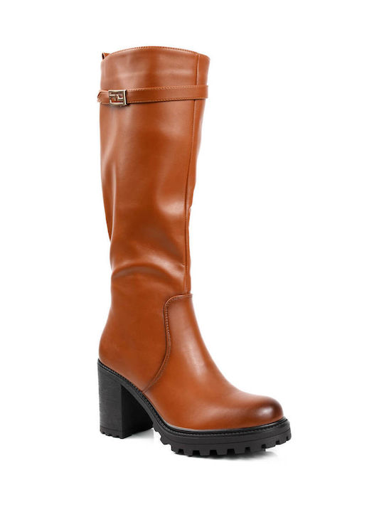 Tan Boots Chunky Heel Zipper