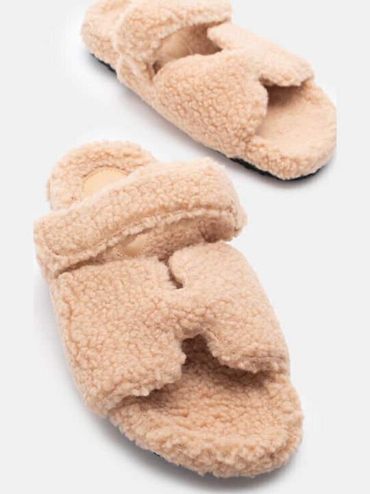 Winter Women's Slippers with Fur Beige