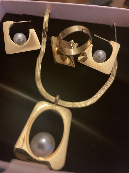 Set with Necklace , Earrings & Ring from Steel Gold Plated with Stones