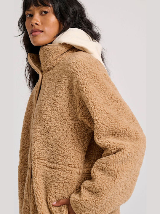 Γυναικείο Καφέ Παλτό Teddy Oversized με Γούνινες Λεπτομέρειες