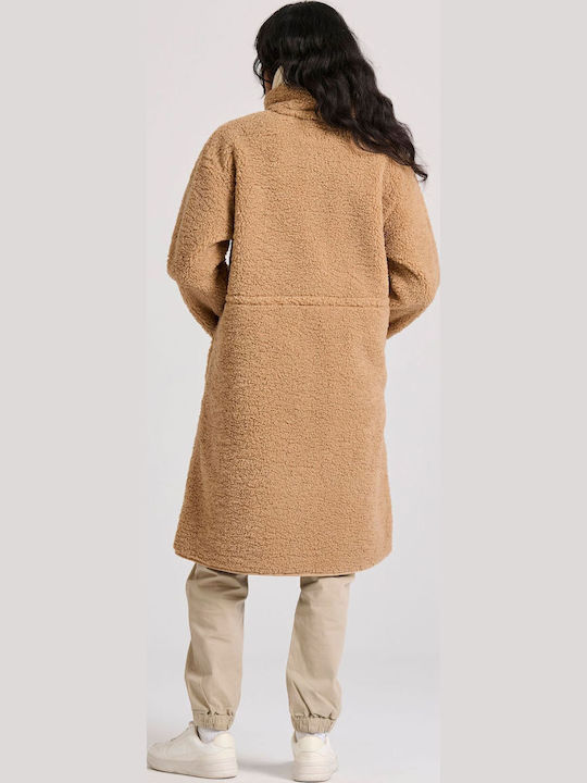 Γυναικείο Καφέ Παλτό Teddy Oversized με Γούνινες Λεπτομέρειες
