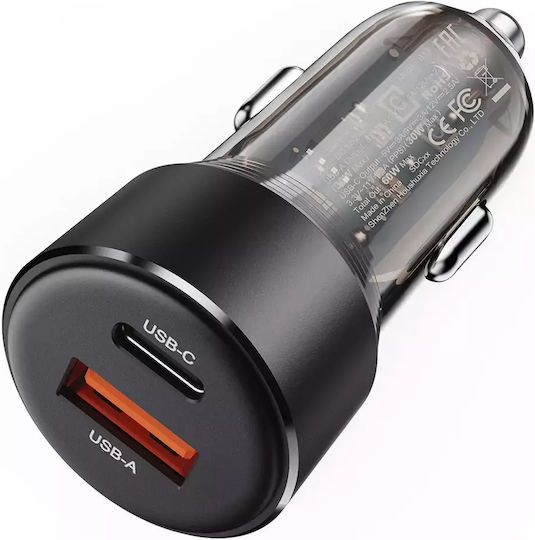 Acefast Car Charger 60W 3A Fast Charging with Ports 1x USB 1x Type-C Black Color