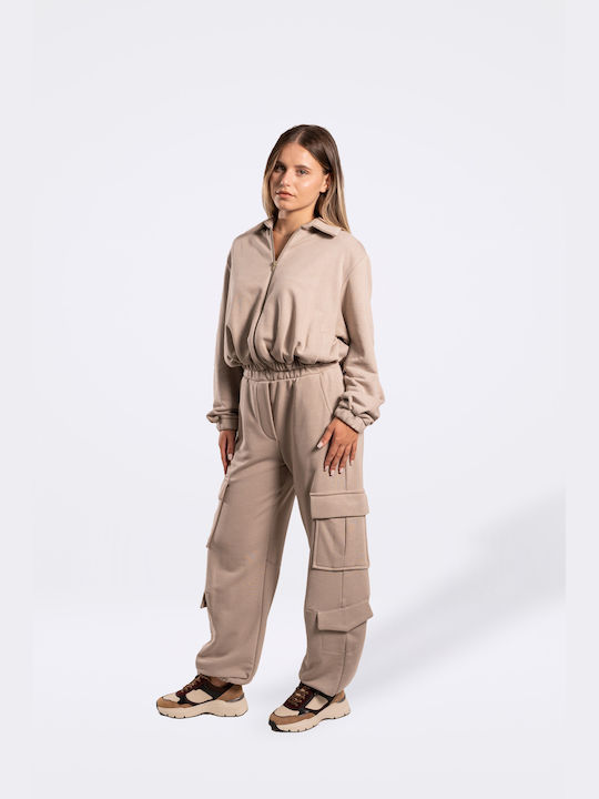 Moutaki Women's High-waisted Cotton Cargo Trousers with Elastic Beige