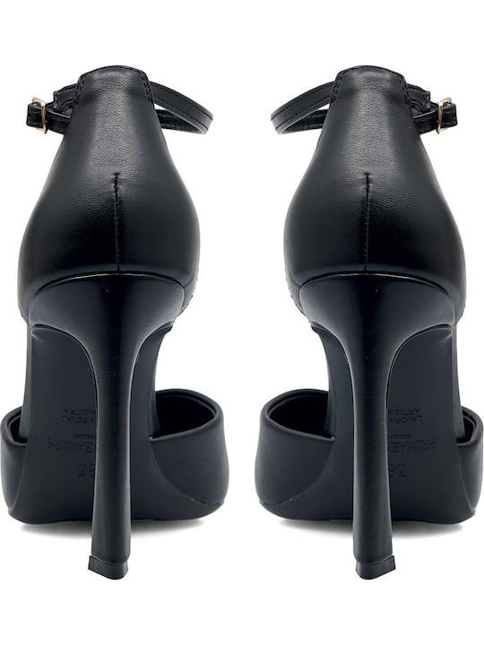 Synthetic Leather Black Heels with Strap