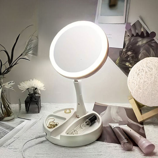 Oglindă de machiaj iluminată cu LED, rotundă, pe masă, cu spațiu de depozitare pentru cosmetice și bijuterii, albă, 15.5x15.5x28cm