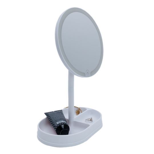 Tabletop Round LED Lighted Makeup Mirror with Jewelry Base, Skincare Products, Accessories, Adjustable Mirror and Lighting Angle, USB Cable, 21x14x32cm, White