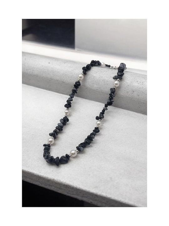 Necklace from Steel Black with Pearls