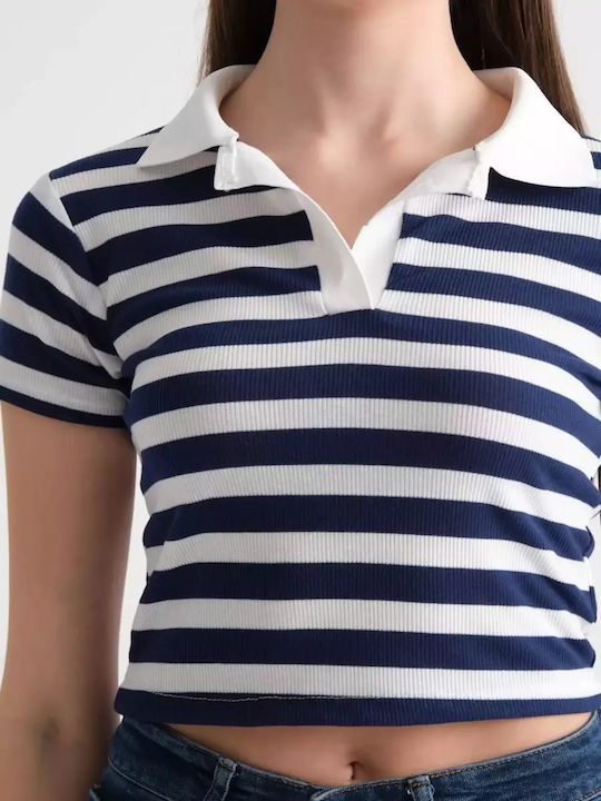 Cazibe Women's Crop Top Cotton Short Sleeve Striped Navy Blue