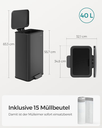 Songmics Coș de Gunoi din Plastic cu Pedală 40lt Negru