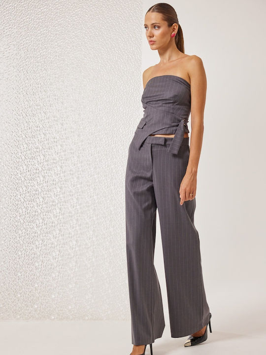 Enzzo Damen Stoff Palazzo-Hose in Normaler Passform Gestreift Charcoal