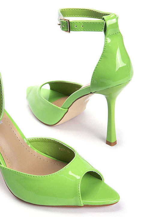 Keep Fred Synthetic Leather Women's Sandals with Ankle Strap Green with Thin High Heel