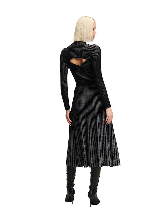 Karl Lagerfeld Pleated High-waisted Midi Skirt Black & Silver