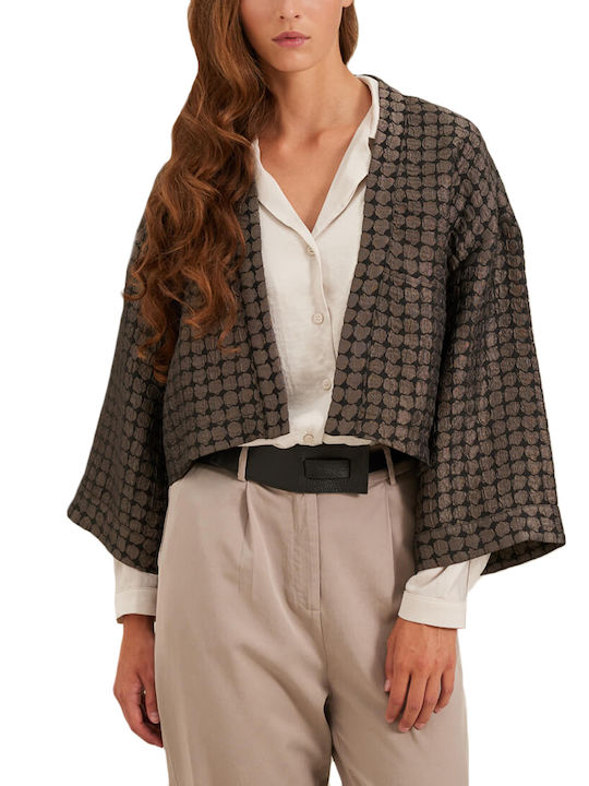 Namaste Short Women's Knitted Cardigan Μαυρο-μπεζ