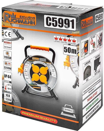 Richmann Cablu de prelungire 4 locuri cu cablu de 50m Diametru 3 x 1.5mm² Rezistent la apă Neagră