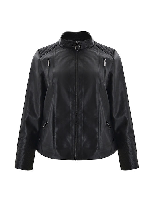 Mat Fashion Women's Long Biker Artificial Leather Jacket for Winter Black