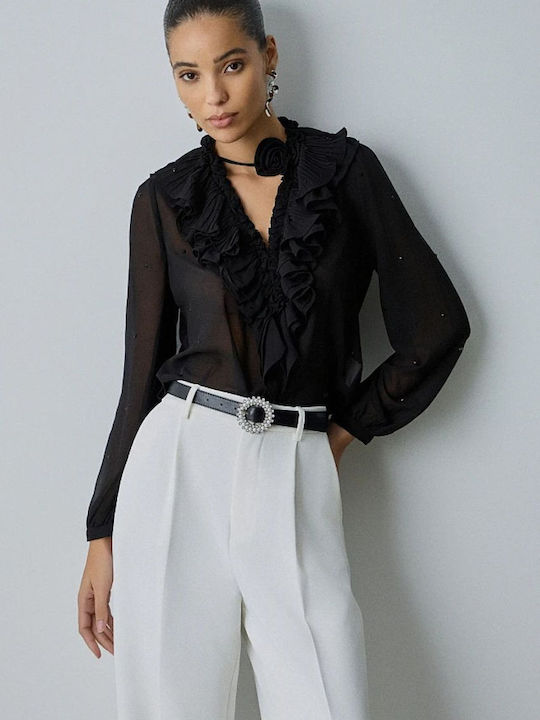 Women's Blouse Long Sleeve with V Neckline Floral Black