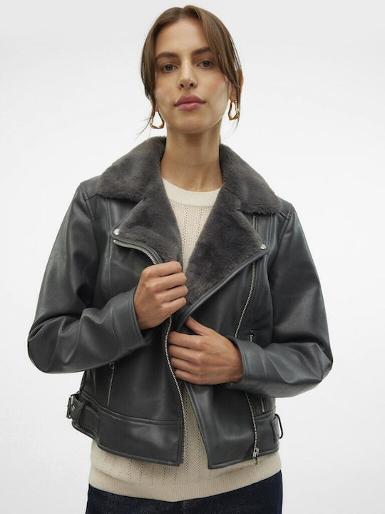 Women's Short Biker Artificial Leather Jacket for Winter Asphalt