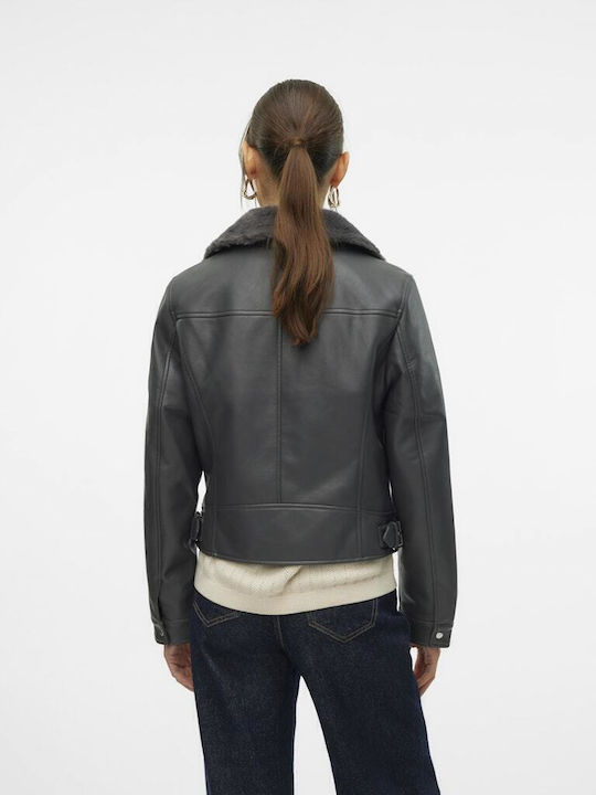 Women's Short Biker Artificial Leather Jacket for Winter Asphalt
