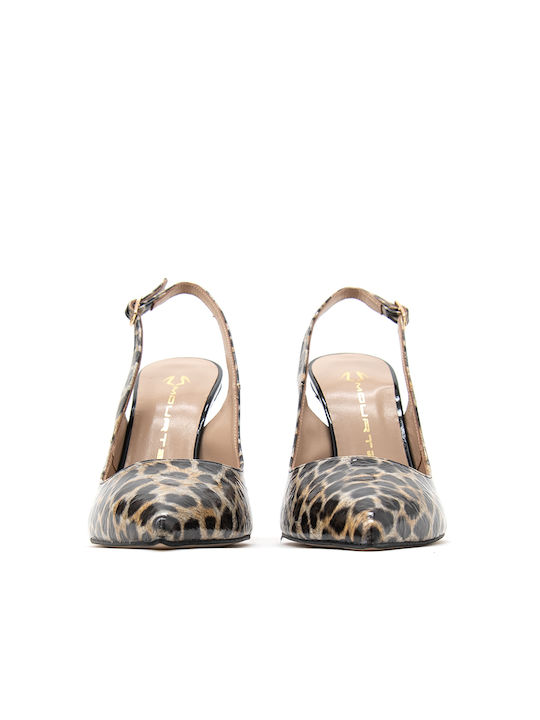 Patent Leather Brown High Heels with Strap Animal Print Slingback