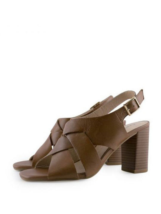 Caprice Leather Women's Sandals Tabac Brown with High Heel