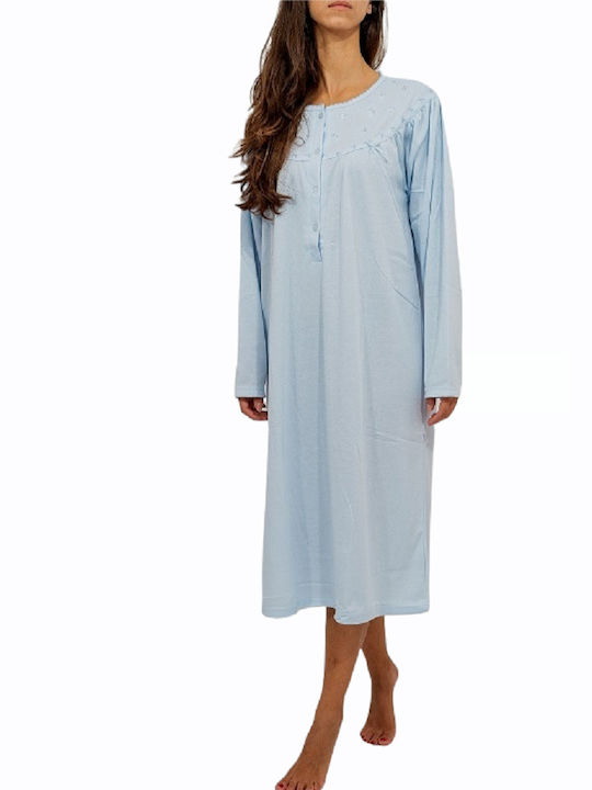 Nightgown monochrome long sleeve light blue