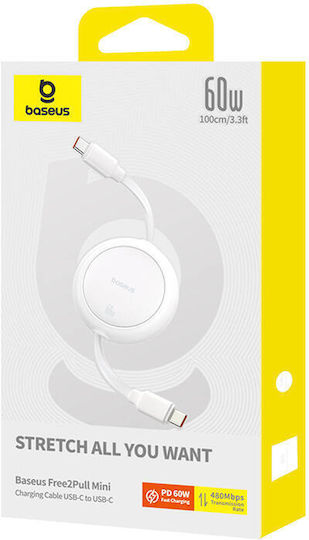 Baseus Mini Retractable USB 2.0 Cable USB-C male - USB-C 60W PD Λευκό 1m P10364500211-01