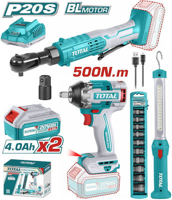 Total Set Ratchet & Workshop Lamp & Impact Driver Brushless 20V with 2 Batteries 4Ah