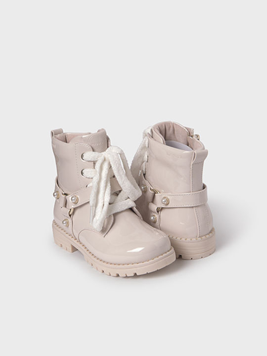 Mayoral Kids Patent Leather Boots with Zipper Ecru