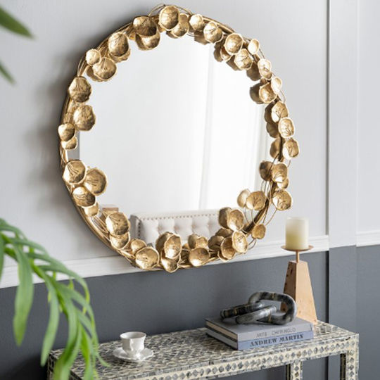 Artekko Leaf Wall Mirror with Gold Metallic Frame Diameter 90cm 1pcs