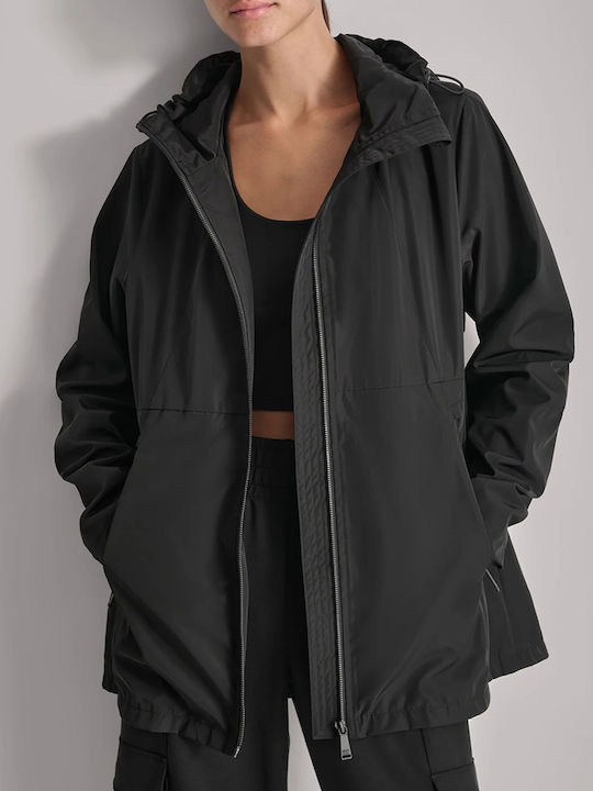 DKNY Women's Short Lifestyle Jacket Windproof for Spring or Autumn with Hood Black