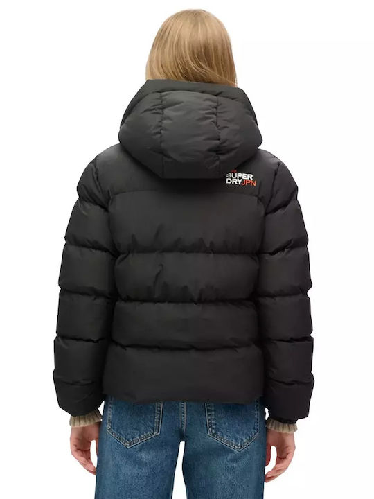 Superdry Women's Short Sports Jacket for Winter with Hood Black