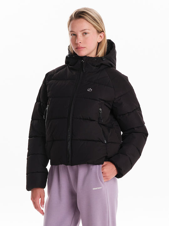 Women's Crop Puffer Jacket for Winter with Hood Black