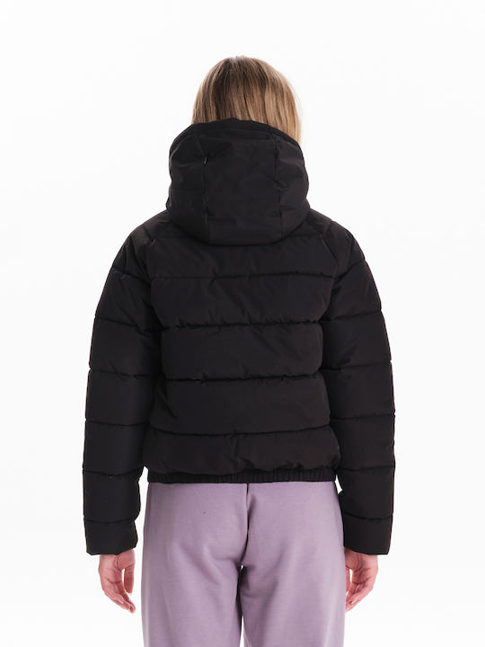 Women's Crop Puffer Jacket for Winter with Hood Black